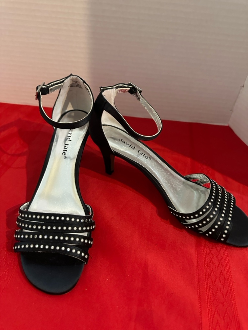 David Tate Black Crystal Studded Ankle-Strap Sandals Size 7